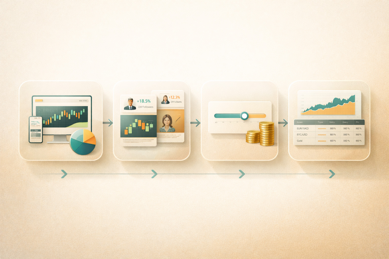 Editorial Visual zum Ablauf von Copy Trading mit Plattformwahl, Trader-Auswahl, Risikosteuerung und Monitoring.